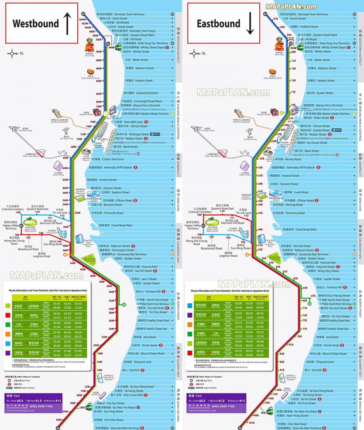 Mapa de las estaciones de tranvía de Hong Kong